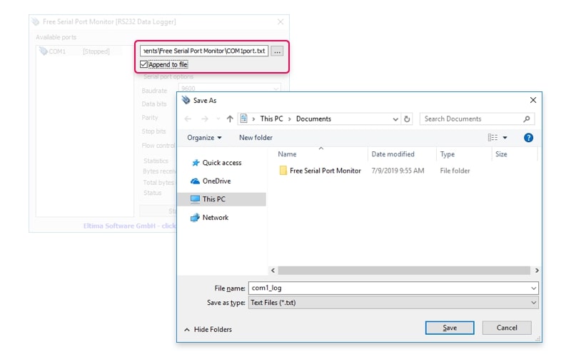 Serial Port Logger - Aggiungi al file